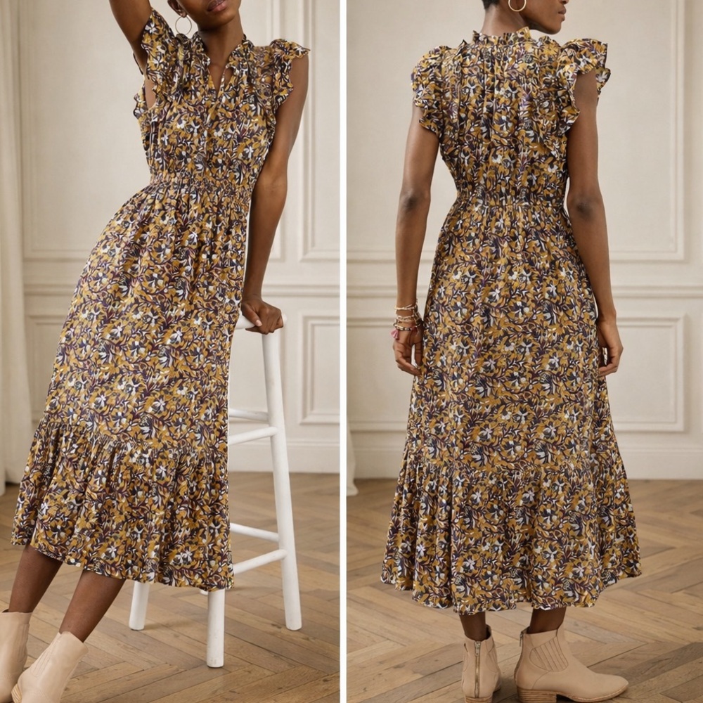 Anthro Othilia Aleksia Floral Boho Mustard Purple Ruffle Cottagecore Maxi Dress